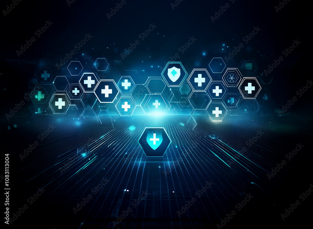 Aufkleber a dark blue background with a honeycomb pattern of glowing hexagons containing medical symbols and d