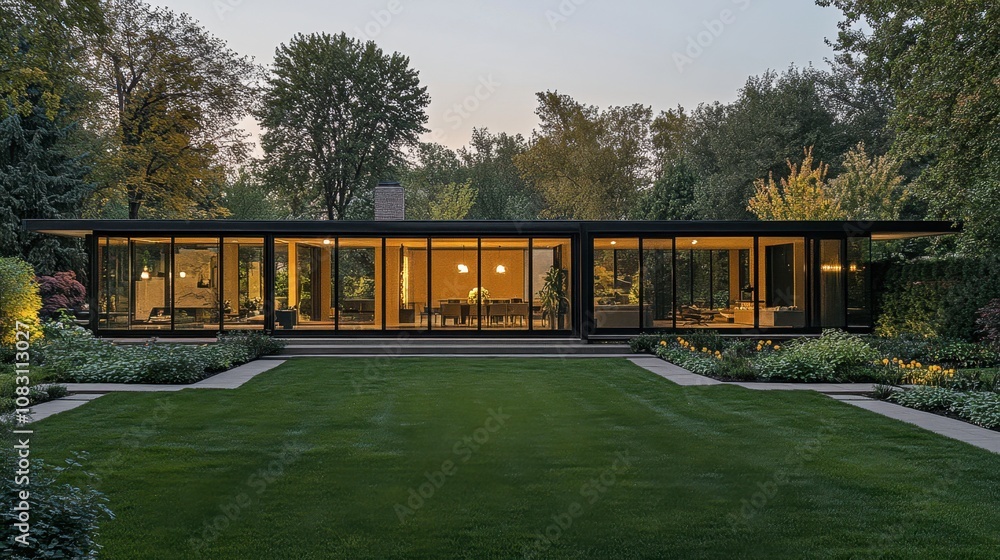 Poster modern architectural design of a stylish house surrounded by lush gardens and illuminated by soft li