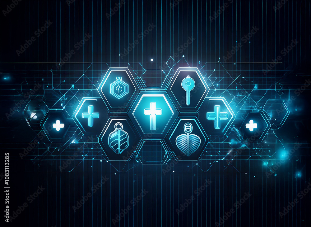 Aufkleber a futuristic digital display with glowing blue hexagonal icons representing various medical concepts