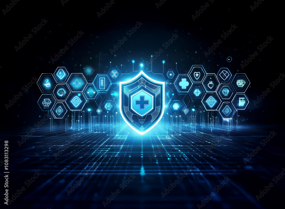 Aufkleber a glowing blue shield with a cross in the center stands out against a dark background with a digital