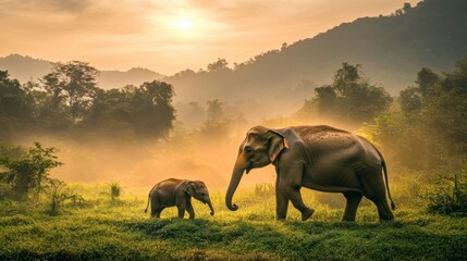 Naklejka premium Majestic Elephants Walking Through Enchanted Misty Forest at Sunrise with Lush Greenery and Golden Rays Illuminating the Serene Landscape in Tranquil Wilderness