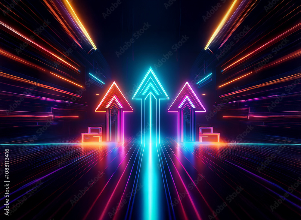 Poster three glowing neon arrows point upward in a dark, futuristic setting with streaks of light radiating