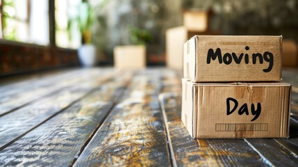 A row of stacked cardboard boxes labeled Moving Day stands on a wooden floor, illuminated by natural light, representing the moving experience