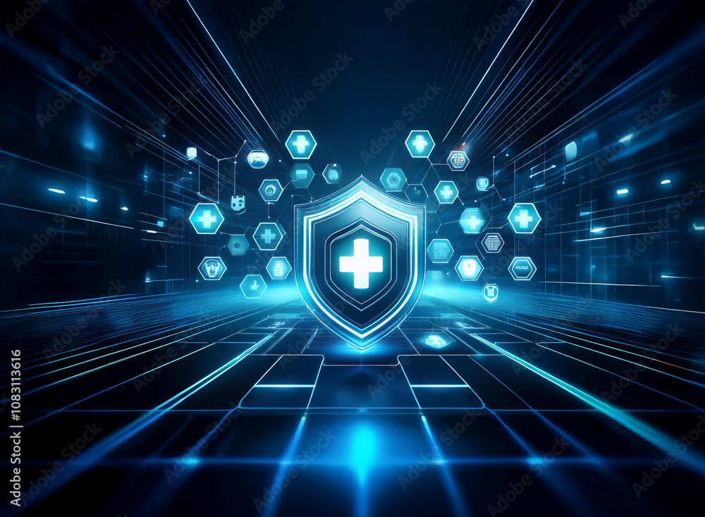 Aufkleber a glowing shield with a plus sign is centered in a dark, abstract digital landscape, surrounded by s