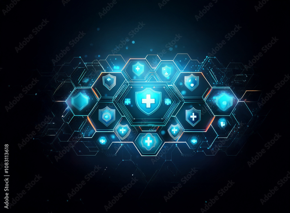 Poster a dark blue background features a digital grid of glowing blue hexagonal shapes with shields and cro