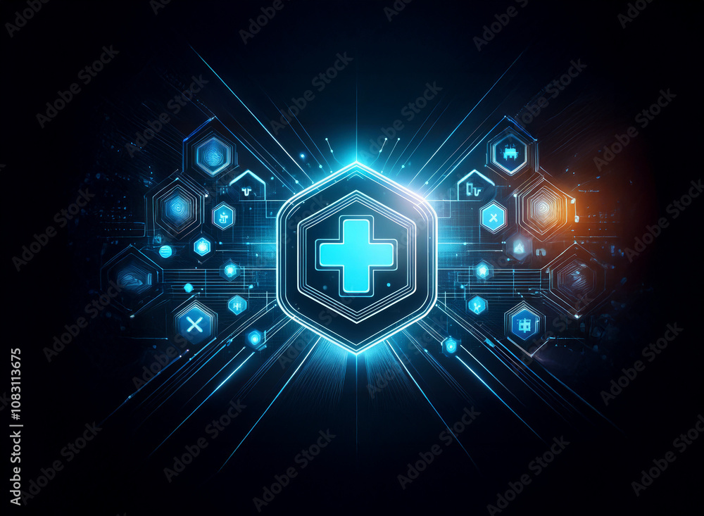 Aufkleber a glowing blue hexagon with a white cross inside. it is surrounded by a multitude of smaller icons a