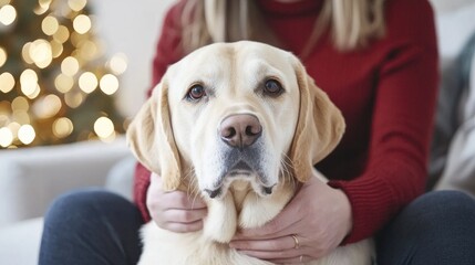 A support dog offers soothing comfort to a person seated on a couch, highlighted by warm lighting in a calming atmosphere