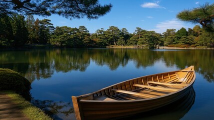 Obraz premium Serene Lakeside Scene with Wooden Boat in Tranquil Japanese Garden Surrounded by Lush Greenery and Reflective Water under Clear Blue Sky
