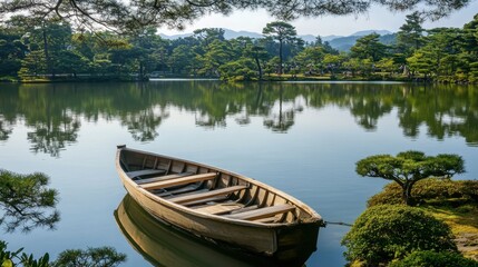 Tranquil Reflection of Nature in a Serene Lake with a Wooden Boat Surrounded by Lush Green Trees and a Calm Atmosphere in a Picturesque Landscape