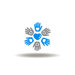 Obraz premium Vector illustration of hands with hearts. Symbol of charity. Icon of volunteer assistance. Sign of care and love.