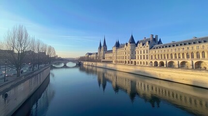 Obraz premium Stunning View of Historic Architecture Reflected in Calm River under Clear Blue Sky in Paris, France at Sunrise