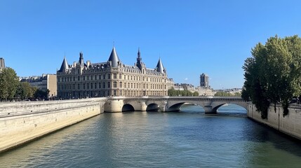 Fototapeta premium Scenic View of Historic Architecture Overlooking River with Clear Blue Sky and Beautiful Bridge in Paris, France Capturing the Essence of European Culture and Heritage