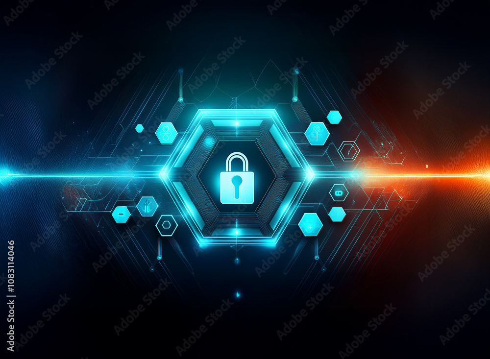 Poster a glowing blue padlock symbol encased in a hexagonal frame with a dark background and lines of light