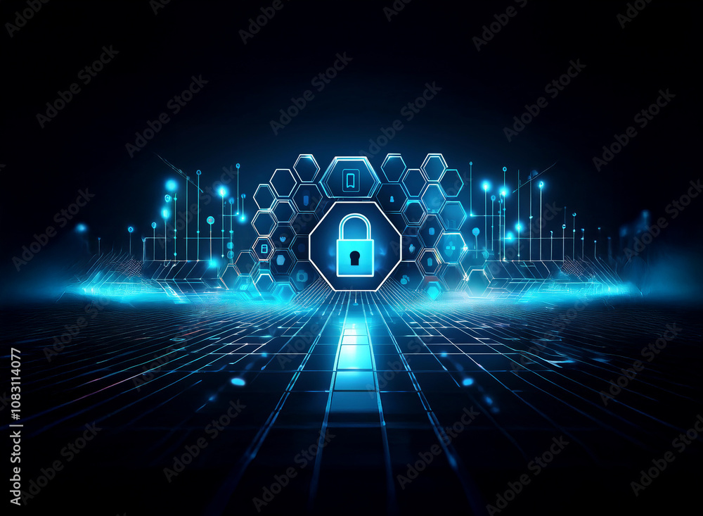 Aufkleber a glowing padlock icon sits in the center of a honeycomb-shaped digital network, surrounded by a blu