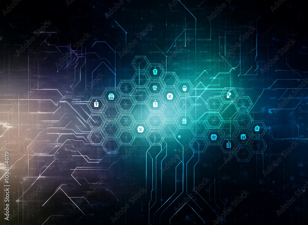 Poster an abstract digital illustration with a honeycomb pattern and glowing circuit board lines.