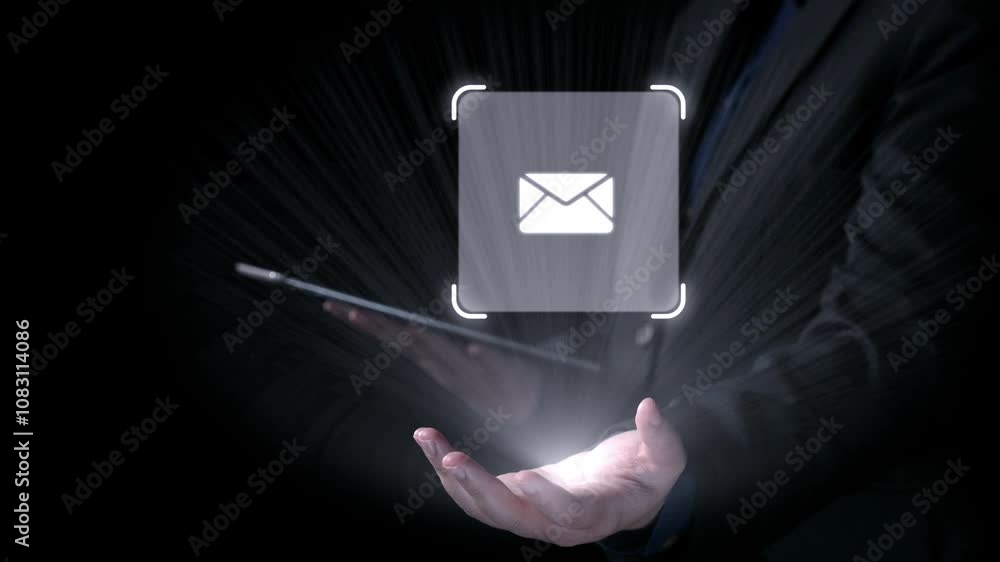Poster business person checking email inbox, organizing and prioritizing messages for better productivity. 