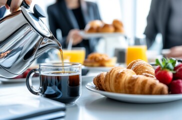 A perfect morning meeting enjoying coffee and pastries in a professional setting