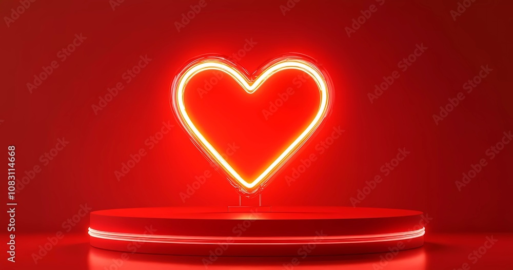 Poster 3d rendering of a valentine's day background with a podium and a glowing heart-shaped neon light on 