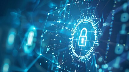 A digital illustration of a padlock symbolizing cybersecurity with a futuristic background.