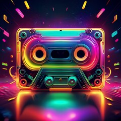 Obraz premium Neon cassette. 90s nostalgia. Listening to music