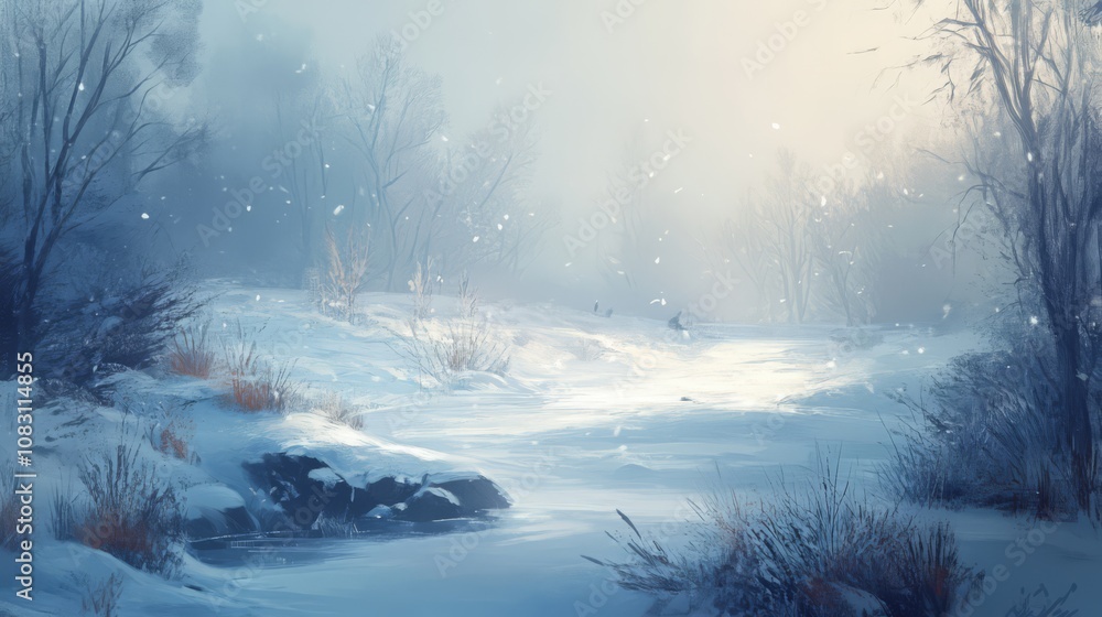 Aufkleber a snowy forest path with a small river winding through it. the scene is bathed in a soft, ethereal l