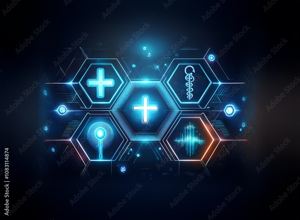 Poster a digital, futuristic interface with hexagonal shapes containing various symbols, set against a dark