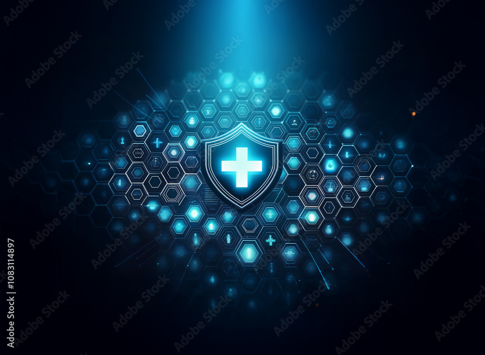 Poster a glowing blue shield with a cross in the center is surrounded by a hexagonal grid and beams of ligh