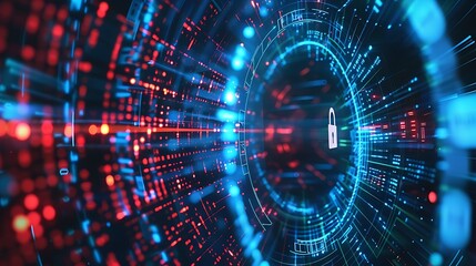 Obraz premium A digital representation of cybersecurity with a padlock symbol amidst glowing data streams.