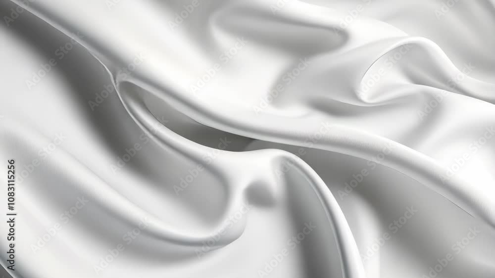 Poster white satin fabric is draped in soft, flowing waves, creating a smooth and elegant texture