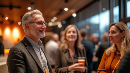 Professionals share insights and ideas while networking in a warm, inviting conference hall with refreshments provided for attendees