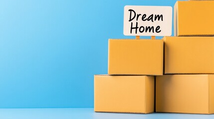 Obraz premium A stack of boxes topped with a Dream Home sign showcases the anticipation of settling into a new place with natural lighting