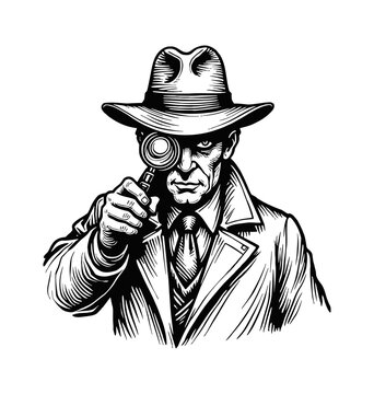 recommend clip art: detective holding a magnifying glass engraving black and white outline