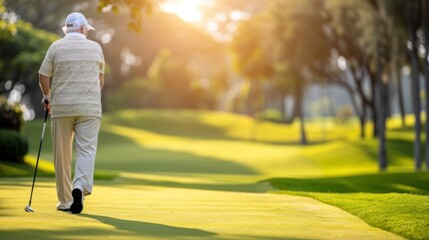 Fototapeta premium A golfer reflects on the fairway while holding a club, bathed in warm, gentle light during a peaceful moment on the course