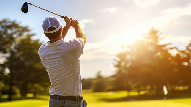 A skilled golfer swings with concentration on a bright, sunny golf course, showcasing dedication and expertise
