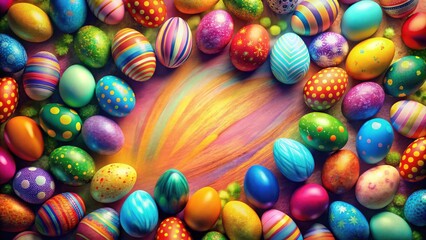 A festive collection of vibrantly painted Easter eggs, each showcasing unique patterns and colors, arranged in a circular formation against a vibrant background