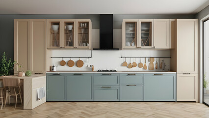 Colored home kitchen interior with cooking cabinet, sink and kitchenware