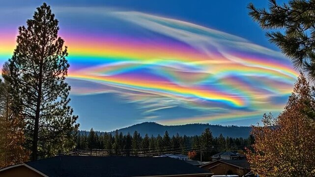 A colorful iridescent cloud formation, known as a nacreous cloud, hangs over a mountain range