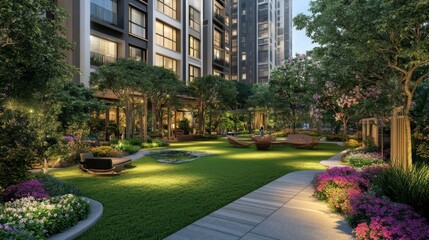 Obraz premium Lush Green Urban Oasis with Modern Architecture, Serene Walkways, and Vibrant Flower Beds Offering Peaceful Retreat Among City Buildings