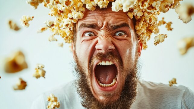 A young man with a beard and wide eyes shows excitement and happiness as caramel popcorn erupts from his head, set on a white background. Popcorn brain