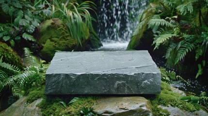 A sturdy stone podium sits surrounded by greenery as a striking blue waterfall flows softly in the background