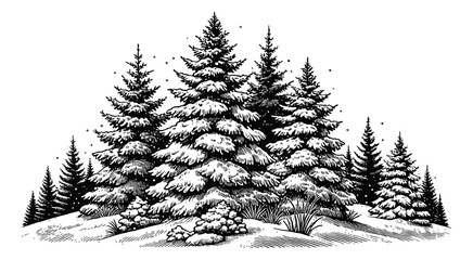 Fototapeta premium snow covered fir trees engraving black and white outline