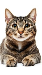 Obraz premium Tabby cat resting peacefully on a smooth white background.