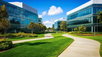 Fototapeta premium Modern Business Complex with Lush Green Landscaping and Clear Blue Sky, Featuring Contemporary Architecture and Pathways for Pedestrians in Daylight