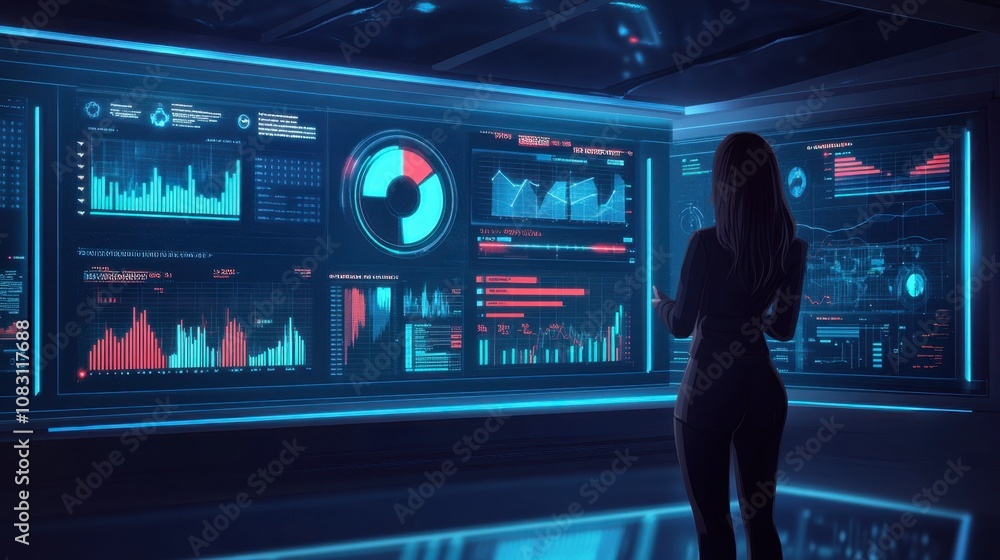 Poster professional woman analyzing digital data on futuristic screens, showcasing charts and graphs for bu