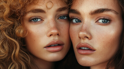 Fototapeta premium Close-up portrait of women showcasing classic and modern hairstyles, rich textures, soft focus