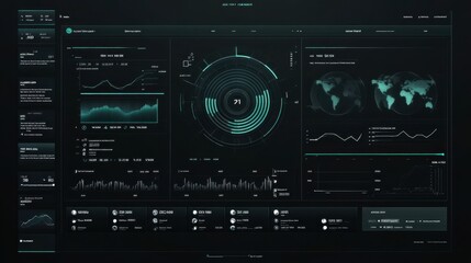 Obraz premium Futuristic Data Dashboard Interface Displaying Real-Time Analytics Metrics and Visualizations on a Dark Background in a High-Tech Environment