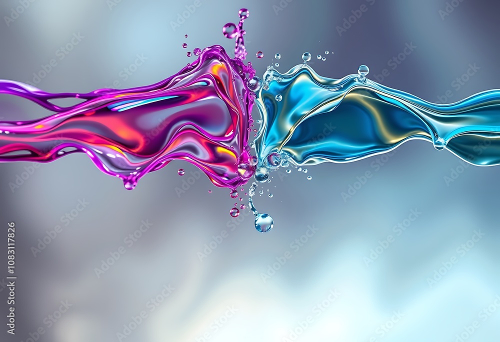 Poster a mesmerizing, ethereal collision of two liquid streams in mid-air, as they merge in a kaleidoscope 