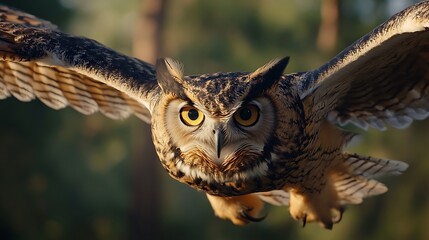 Obraz premium Majestic eagle-owl soaring through the sky captured in flight.