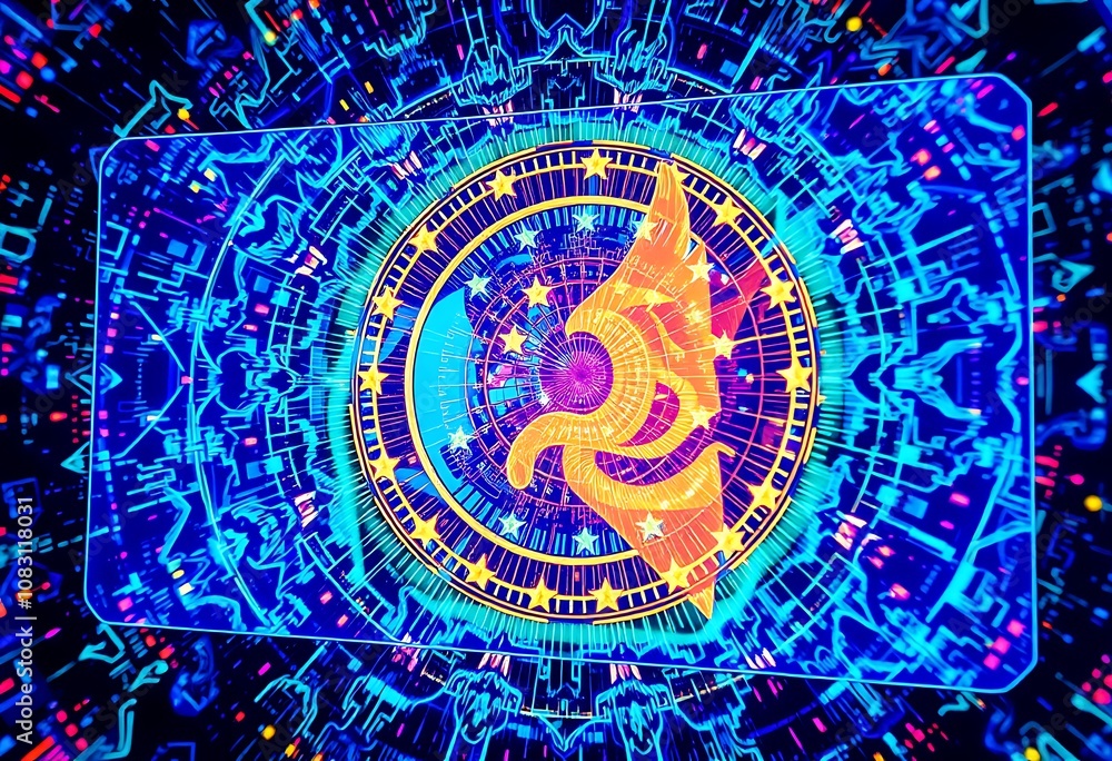 Poster a futuristic computer screen displays a mesmerizing abstract representation of the european currency