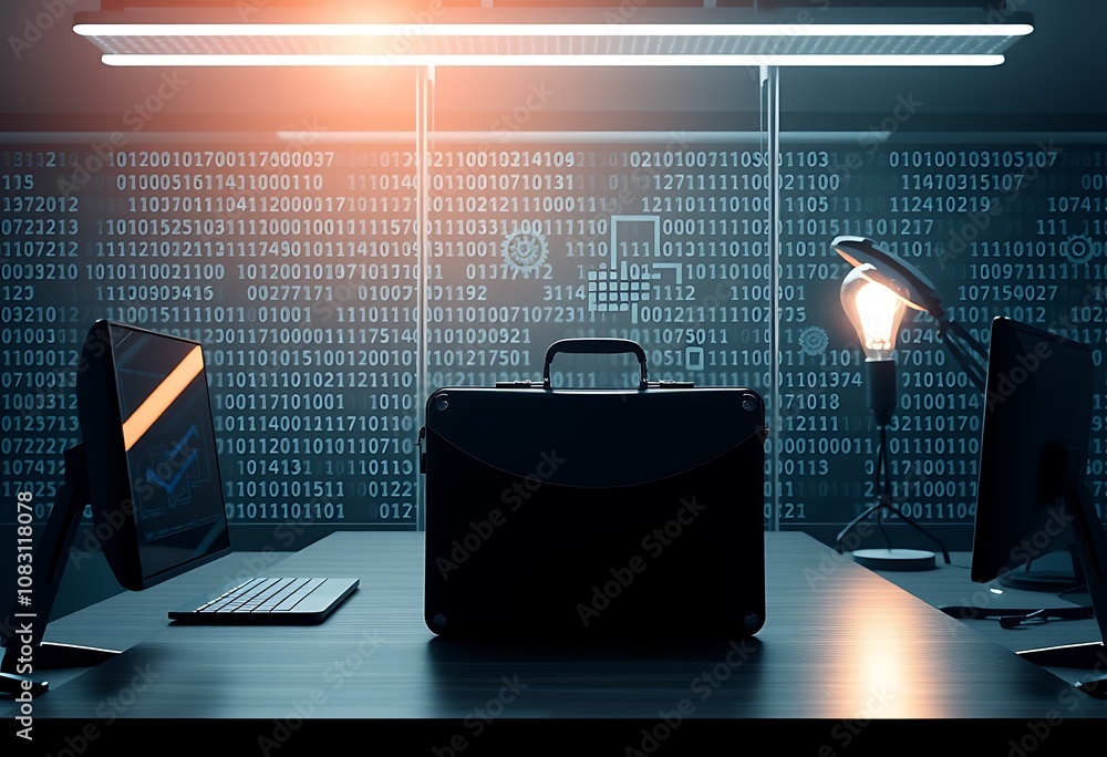 Poster a futuristic office scene with a minimalist aesthetic, where binary code gently dissolves into the b
